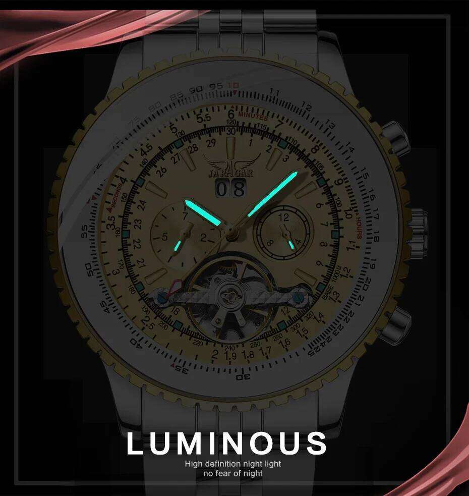 Jaragar Silver Stainless Steel Tourbillion Design Calendar Display Mens Watches Top Brand Luxury Automatic Mechanical Wristwatch