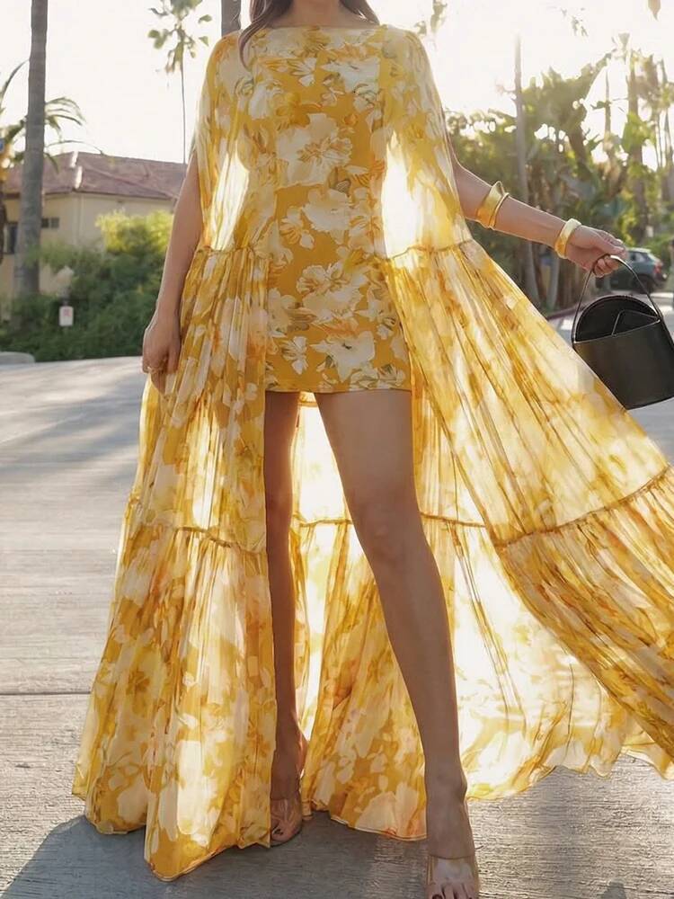 Spring Summer Women's Chic Maxi Short Batwing Sleeve Patchwork O-Neck Holiday Fashion Party Dress 2026 Printing for Ladies