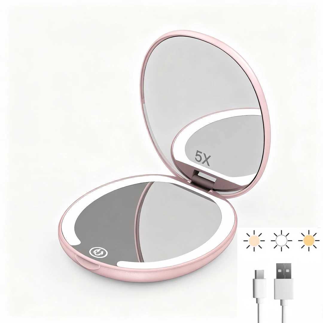 Travel makeup mirror with LED light 5x magnifying mirror cute mini makeup mirror double-sided 3-color light bag portable H260324