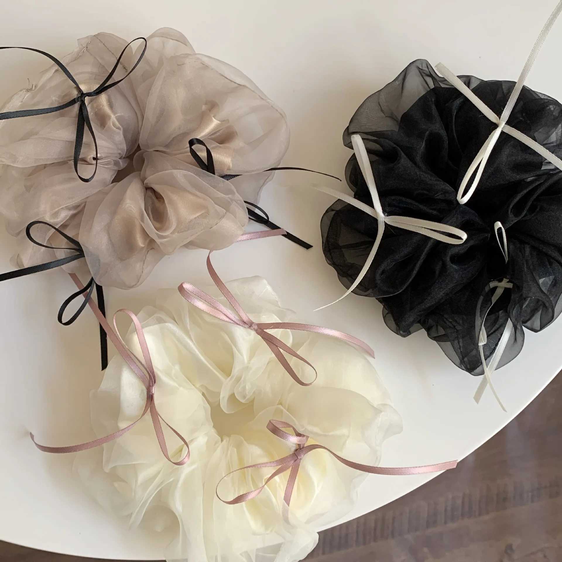 New Korean Simple Lace Mesh Hair Band Sweet Bow Ribbon Rubber Band Cute Ballet Wind Headband Hair Accessories for Women Girls H260324