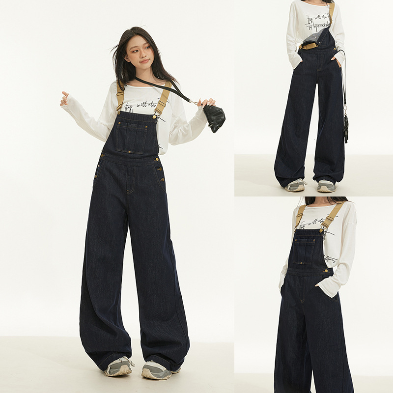 Dark Blue Denim Overalls For Designer Pants Women Autumn 2026 New Style High-waisted Slimming Straight-cut Loose Wide-leg Floor-length Jumpsuit