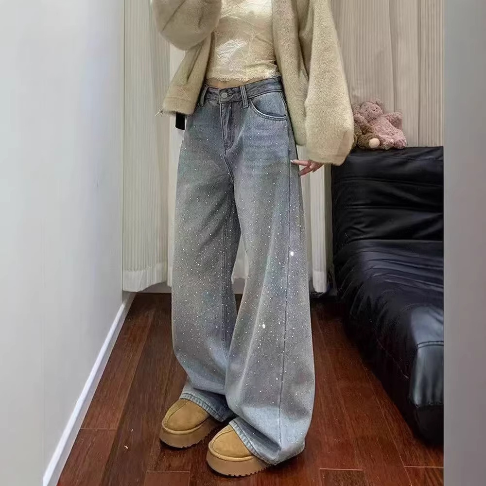 Designer Pants Couture Spring New Women's Jeans With Diamond Embellishments Starry Design Wide-leg Pants Slimming And Loose-fitting Long Pants