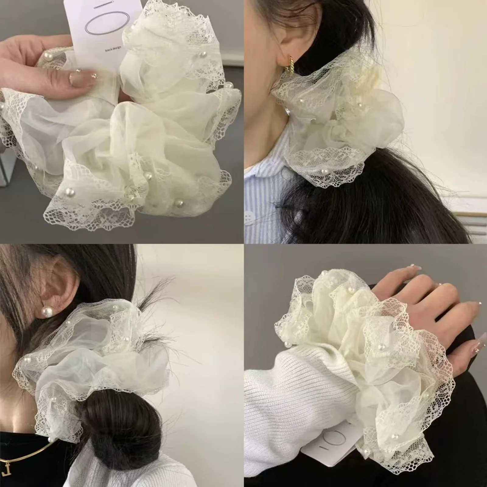 1PC Korean- tyle Dongdaemun-Inspired Lace and Pearl White Sheer Chunky Hair Scrunchie Sweet and Gentle Hair Accessory for Women H260324