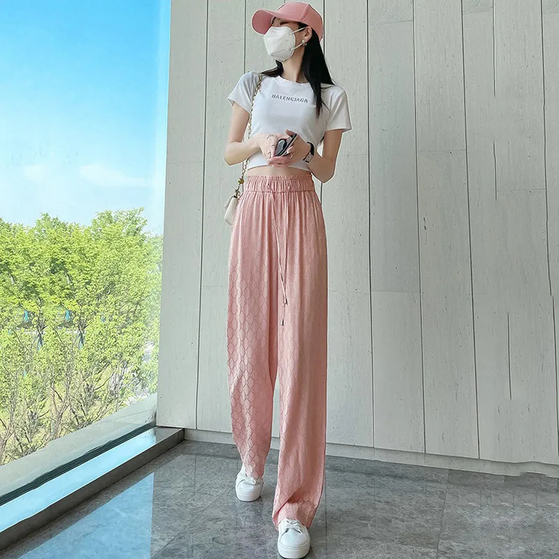 High end printed ice silk wide leg pants for women New summer thin high waist floor mopping straight leg pants