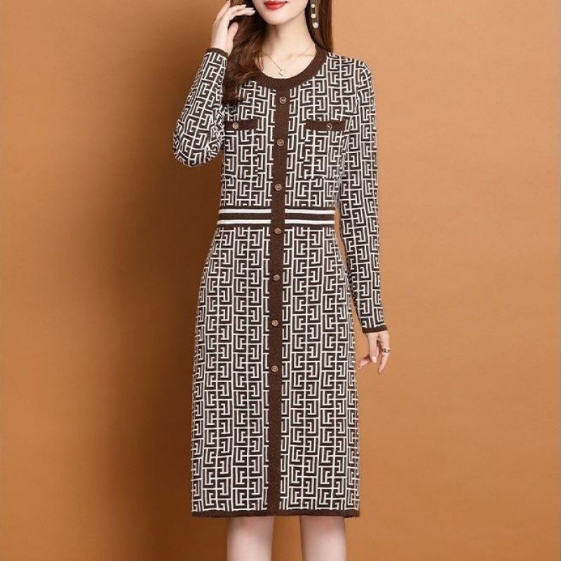 Luxury Brand Designer Clothes Dropshipping 2025 Spring New Fashion Long Sleeve Round Neck Knit Dress For Women, Elegant And Sophisticated Mid-Length D
