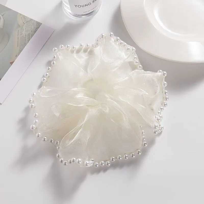Elegant High-End Pearl Mesh Hair Ring Headband for Women Versatile Large Intestine Rubber Band Hair Accessory H260324