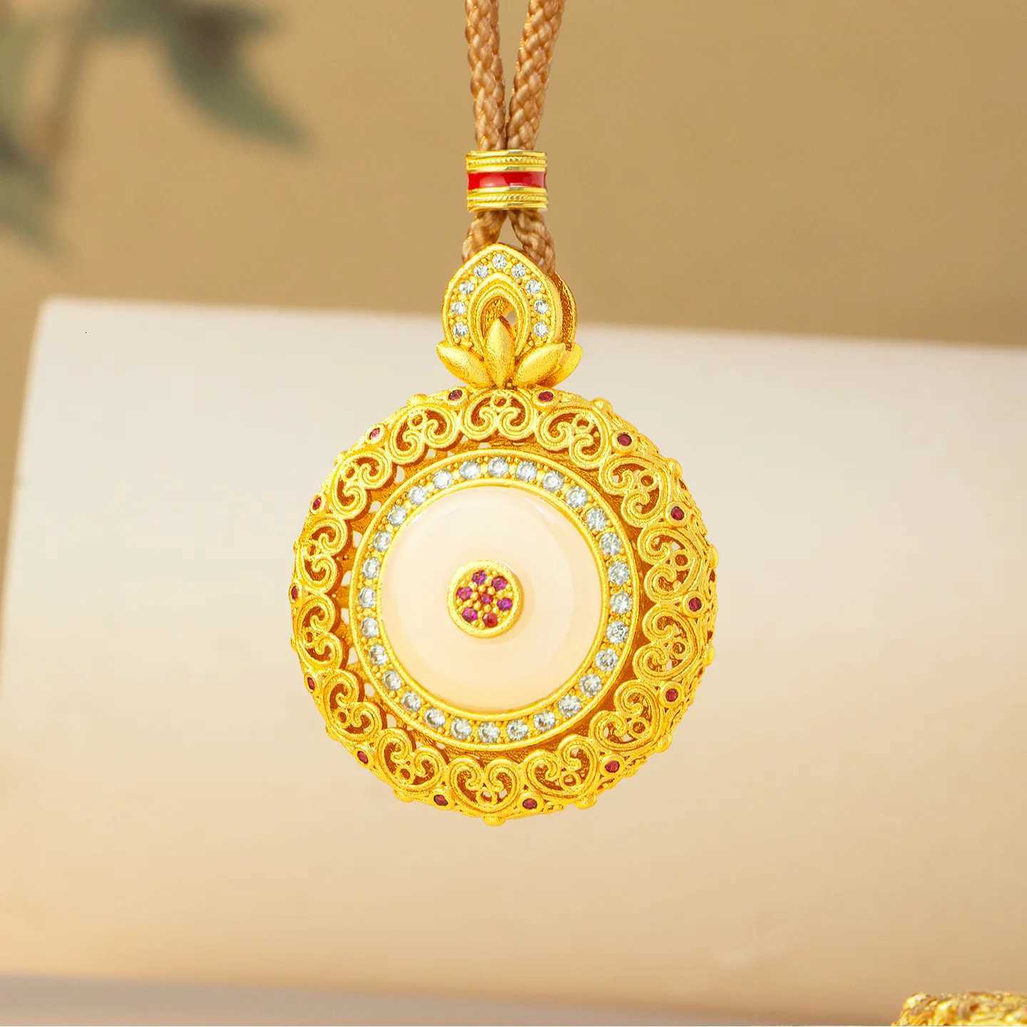 Gold store 9999 24K real gold inlaid white jade disc pendant female palace style fashionable hollow rotatable necklace H260324 - view 3