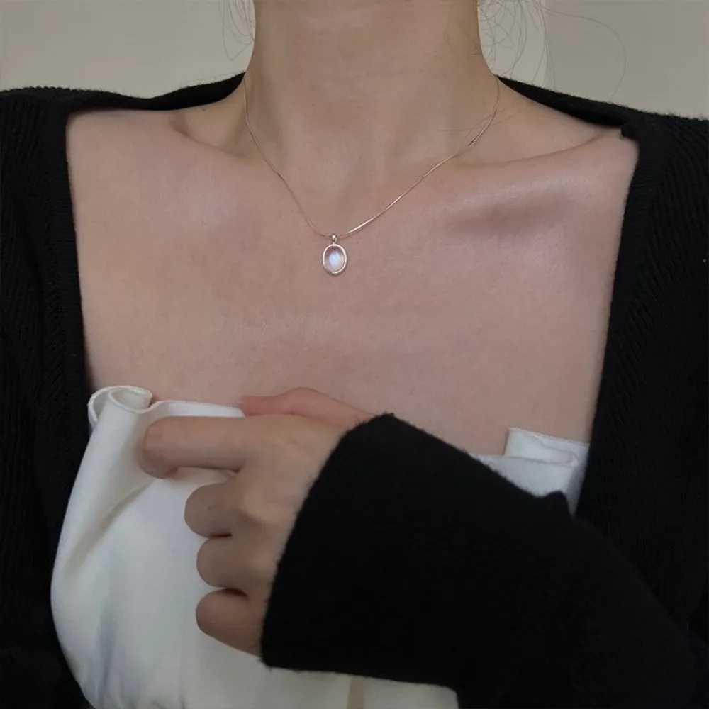 Exquisite Natural Blue Oval Opal Silver Color Stainless Steel Pendant Necklace for Women Charm Fashion Crystal Collar Jewelry H260324 - view 4