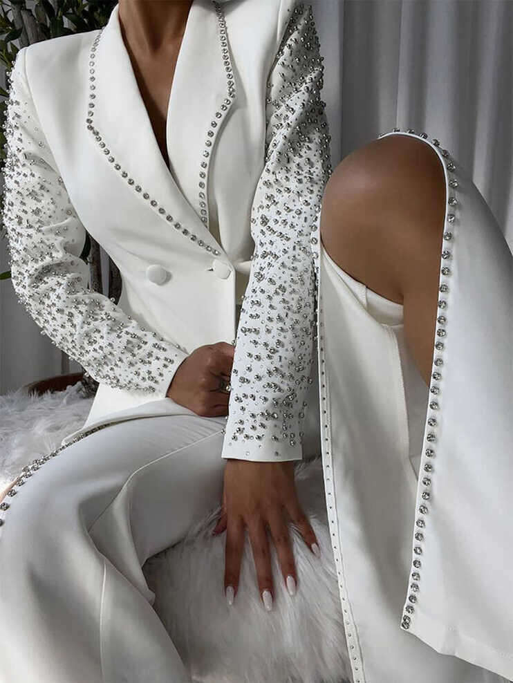 Elegant Women Suits Beaded Double Breasted Shawl Lapel Ladies Outfits 2 Pieces set Jacket Pants Mother Of The Bride Suit Prom Customized ZD19