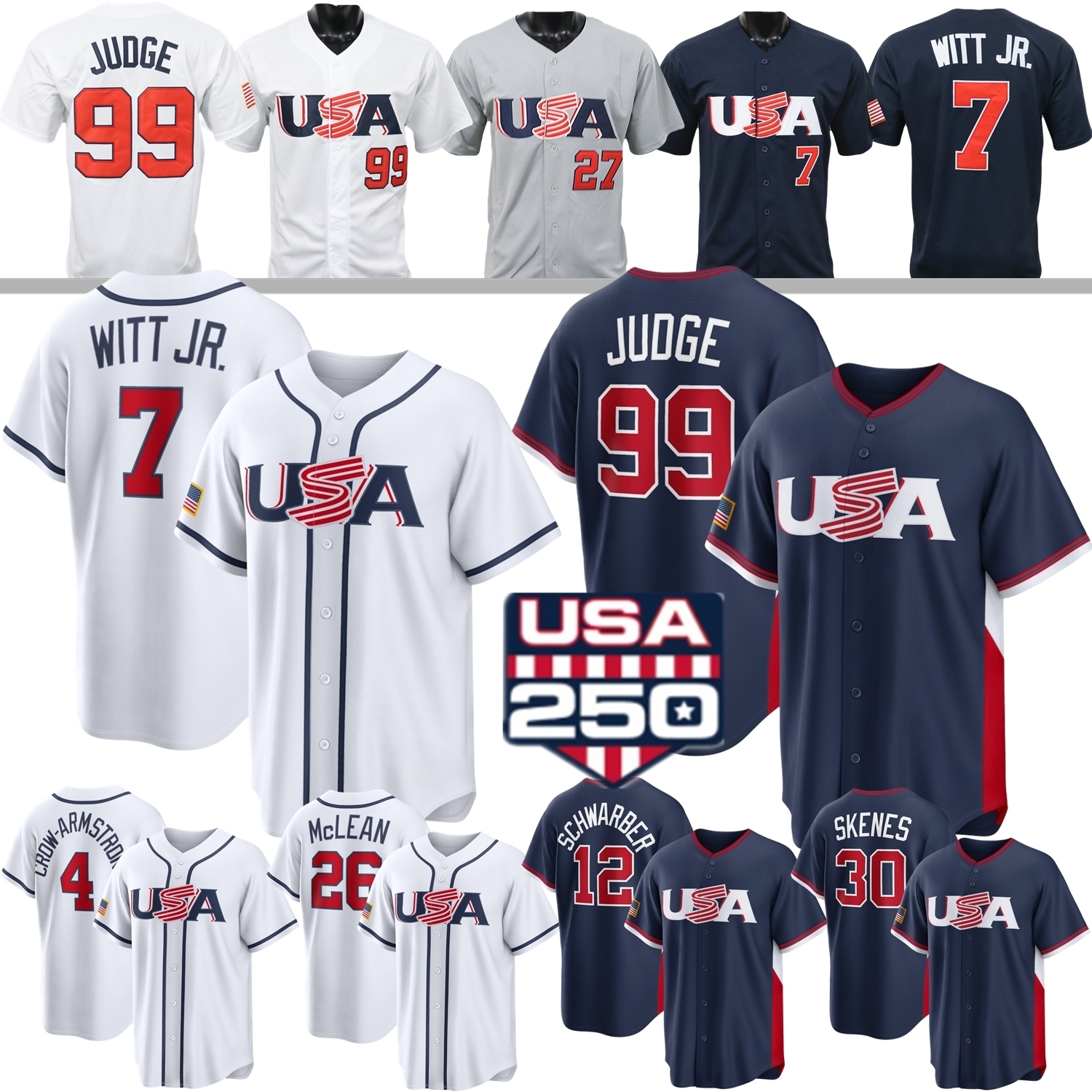 2026 WBC USA Team World Baseball Classic Jersey Aaron Judge Bobby Witt Jr. Pete Crow-Armstrong Harper Roman Anthony Skenes Raleigh Schwarber Bregman McLean Skubal