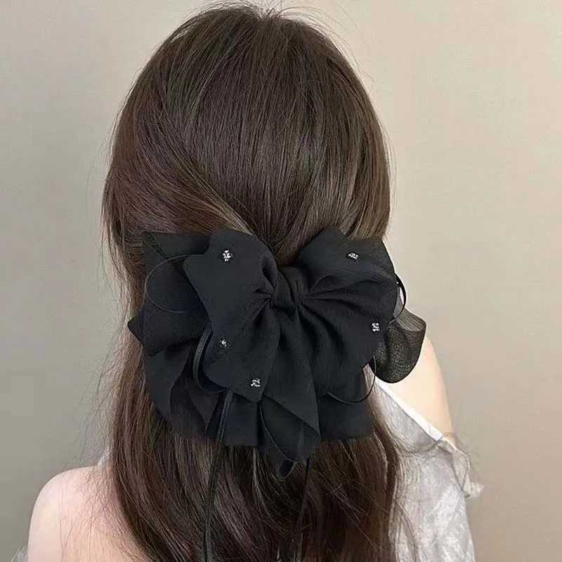 2025 New Fashion White Black Mesh Bowknot Ribbon Hair Claw For Women Elegant Solid Color Ponytail Clip Headwear Hair Accessories H260324