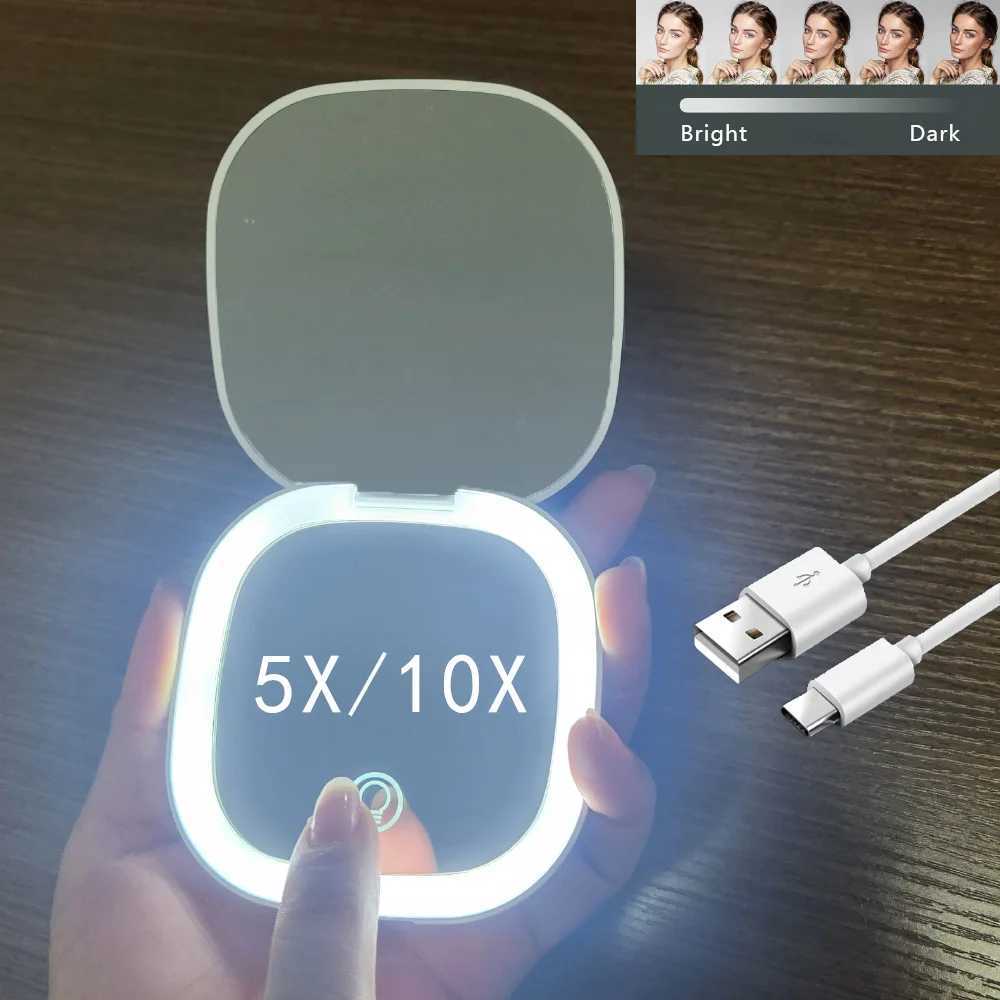 Mini Compact Foldable Pocket Hand Led Makeup Mirror With Led Light 5x/10x Magnification Rechargeable And Small H260324
