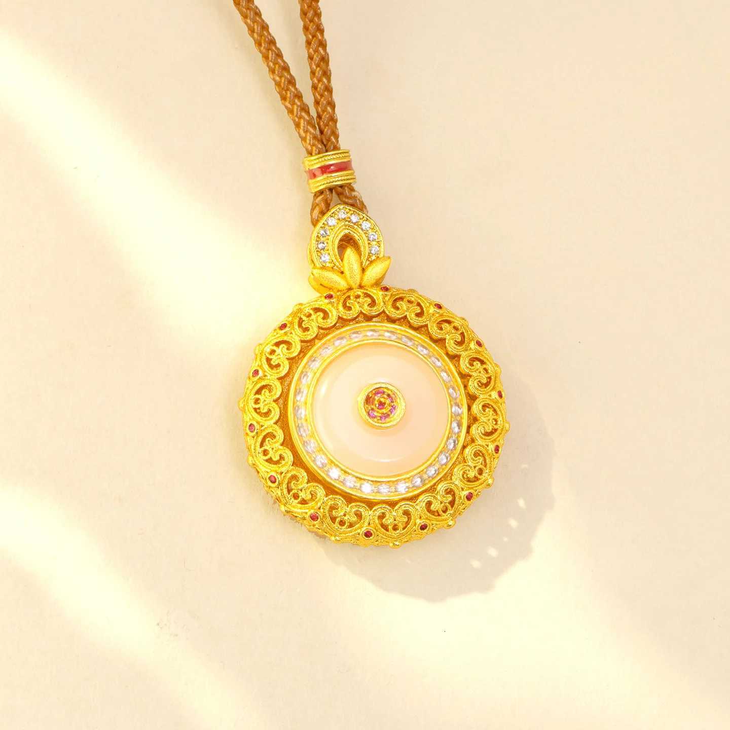Gold store 9999 24K real gold inlaid white jade disc pendant female palace style fashionable hollow rotatable necklace H260324 - view 6