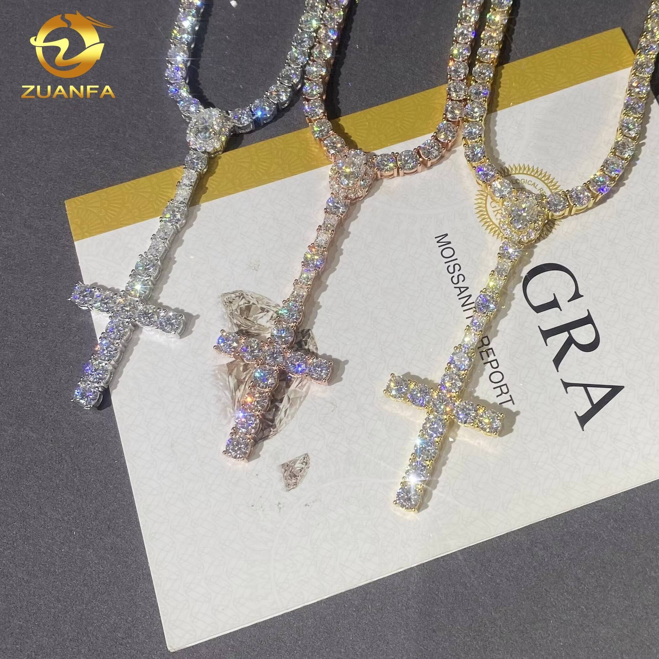 3mm VVS D Moissanite Diamond Fine Hip Hop Jewelry 925 Silver Iced Out Oval Cut Diamond Cross Pendant Tennis Chain Necklace