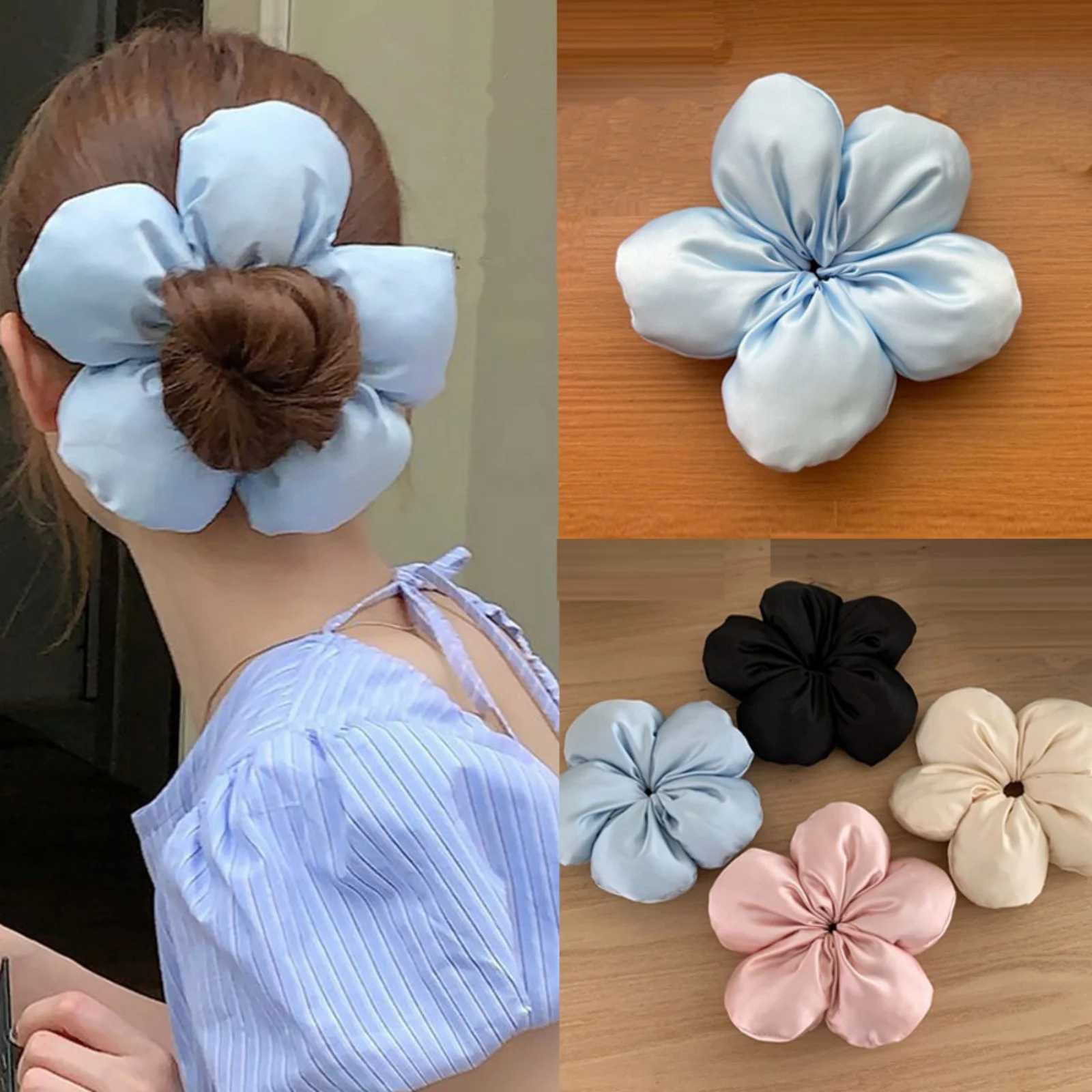 1PCLarge Satin Flower Hair ScrunchiesChic Blossom - Shaped Hair TiesMultiple Colors for Womens Stylish Updos H260324