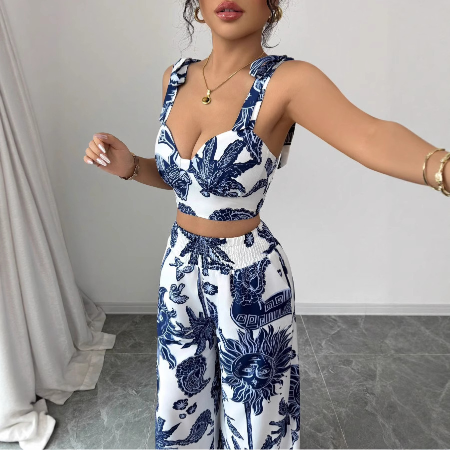 Luxury Brand Designer Clothes 2025 European And American Women's Summer New Sexy V-Neck Camisole Top + Loose Waistband Wide-Leg Pants