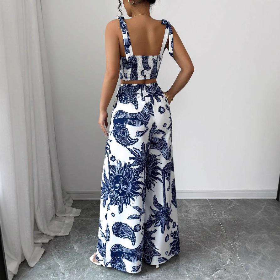 Luxury Brand Designer Clothes 2025 European And American Women's Summer New Sexy V-Neck Camisole Top + Loose Waistband Wide-Leg Pants