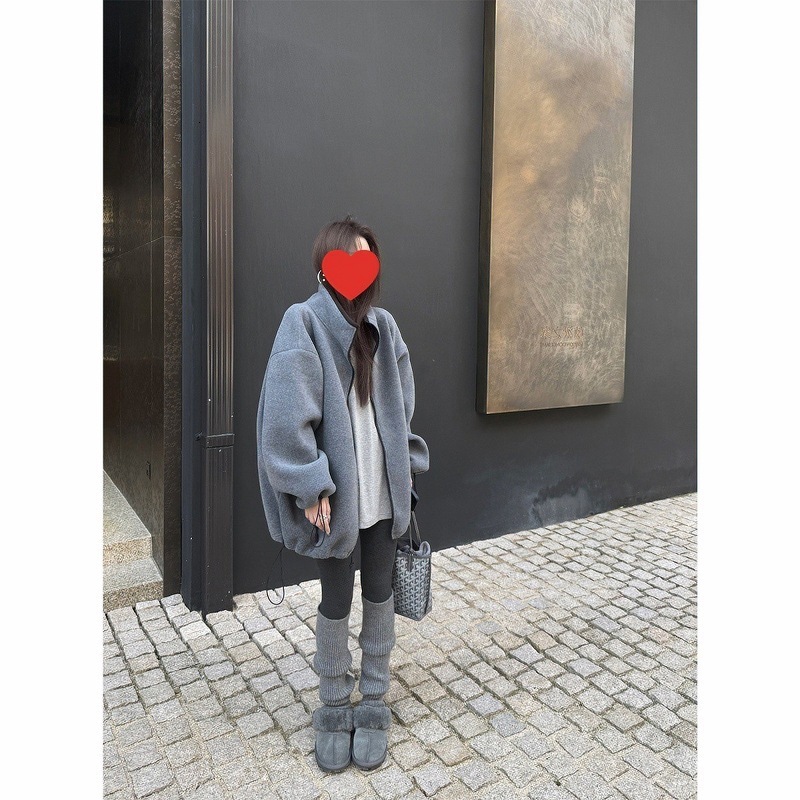 Autumn/Winter Fashionable Simple Letter Embroidery Badge Grey Tweed Loose-Fit Jacket Couple Jacket Trendy 251129