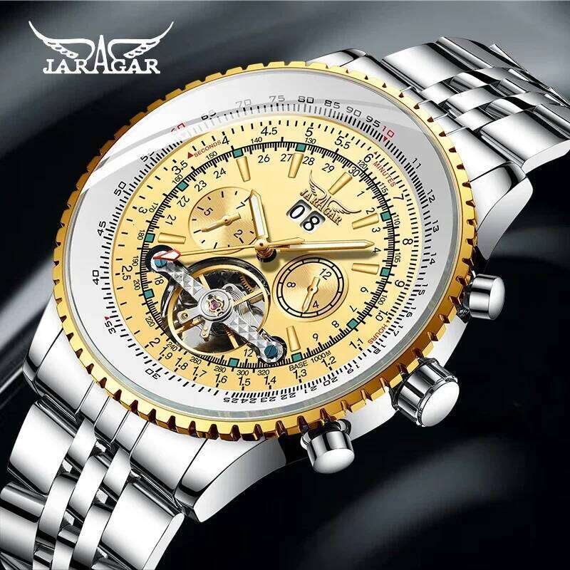 Jaragar Silver Stainless Steel Tourbillion Design Calendar Display Mens Watches Top Brand Luxury Automatic Mechanical Wristwatch