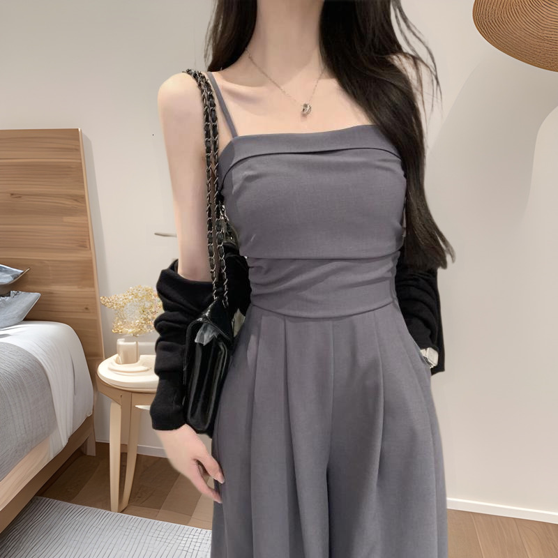 150cm Short Designer Pants Sleeveless Draped Jumpsuit For Women Spring Summer Waist-cinching Strap Pants Straight Wide-leg Floor-length Pants