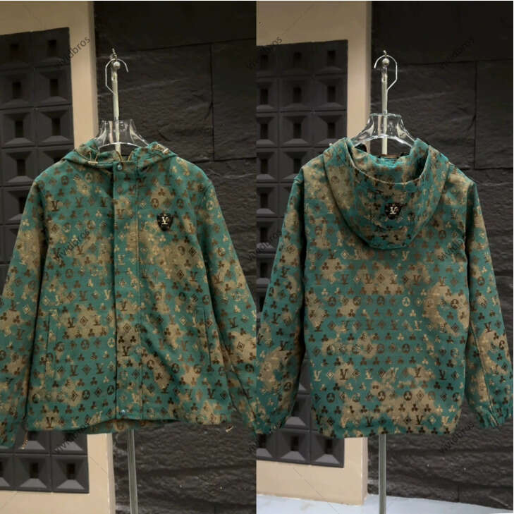 Unisex Jacket Design High-Quality Green Camouflage Monogram Print Hooded Windproof Casual Streetwear Coat