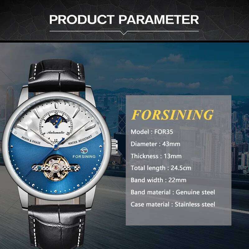 Forsining Luxury Brand Mechanical Classic Blue Moon Phase Fully Automatic Tourbillon Men's Black Leather Strap Watch - view 5