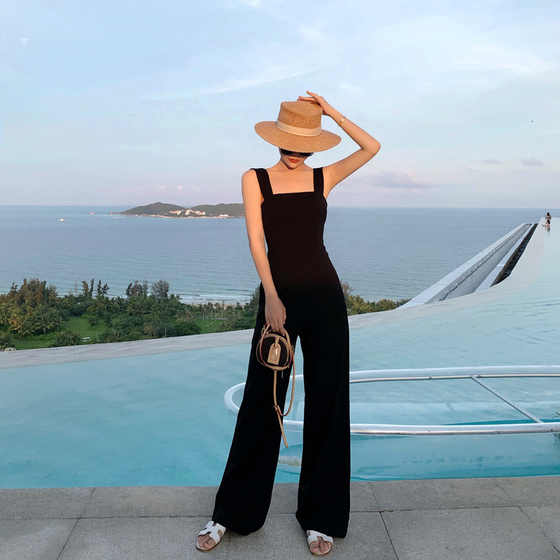 High-waisted Suspender Jumpsuit Designer Pants For Women Summer Slim-fit Overalls Straight Wide-leg Floor-length Pants