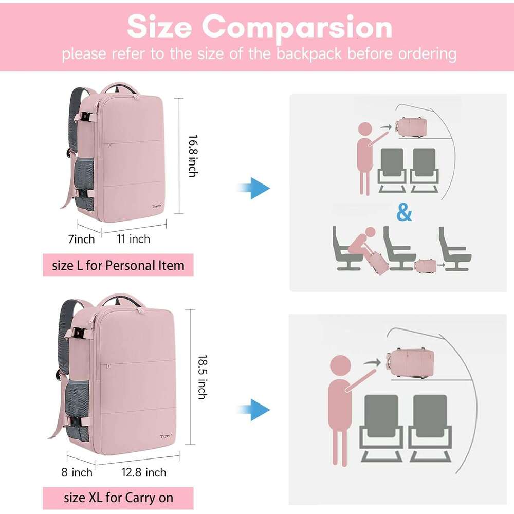 Women's travel backpack, carry-on with USB charging port shoe compartment, TSA-approved laptop flying, college nurse bag, casual backpack for wee