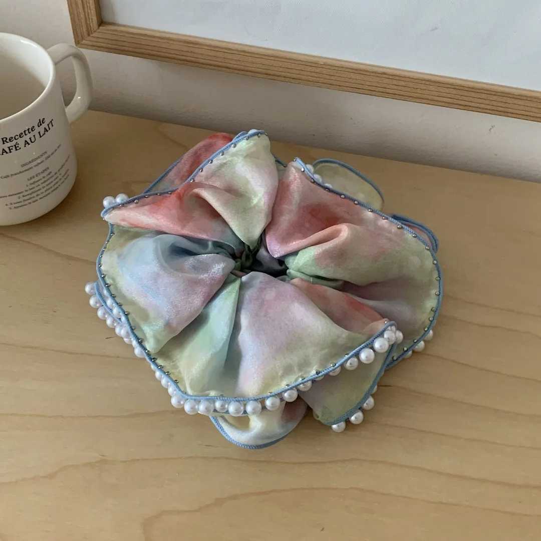 Girls Scrunchies Korean Version Rainbow Pearl Large Hair Band Sweet Style Hair Tie Pleated Twisted Hair Band Bow Cute Hair Clip H260324