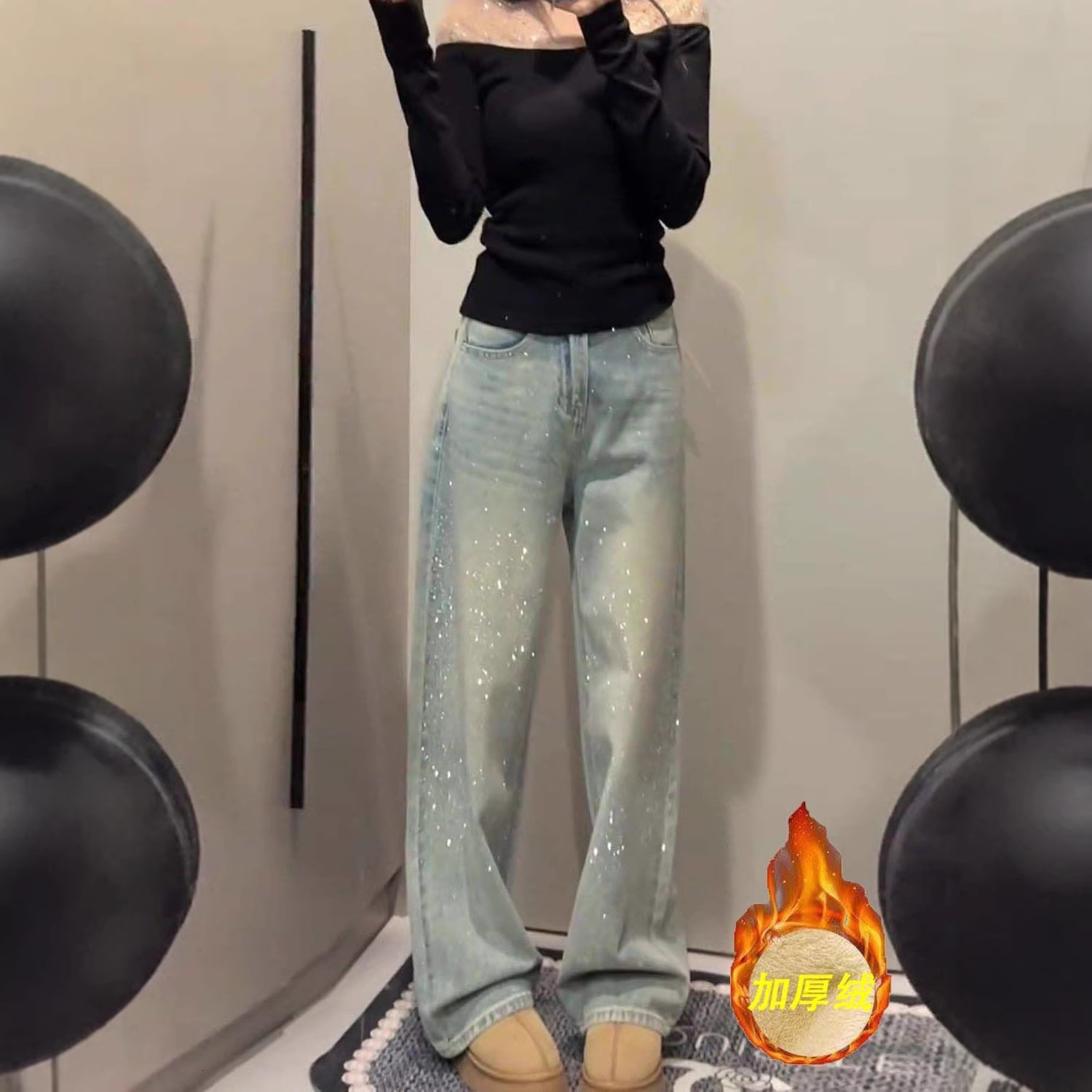 Light Blue Washed Wide-leg Jeans With Rhinestones For Women 2026 Autumn/winter New Style Fleece-lined Designer Pants Thickened Slimming Straight-leg Pants