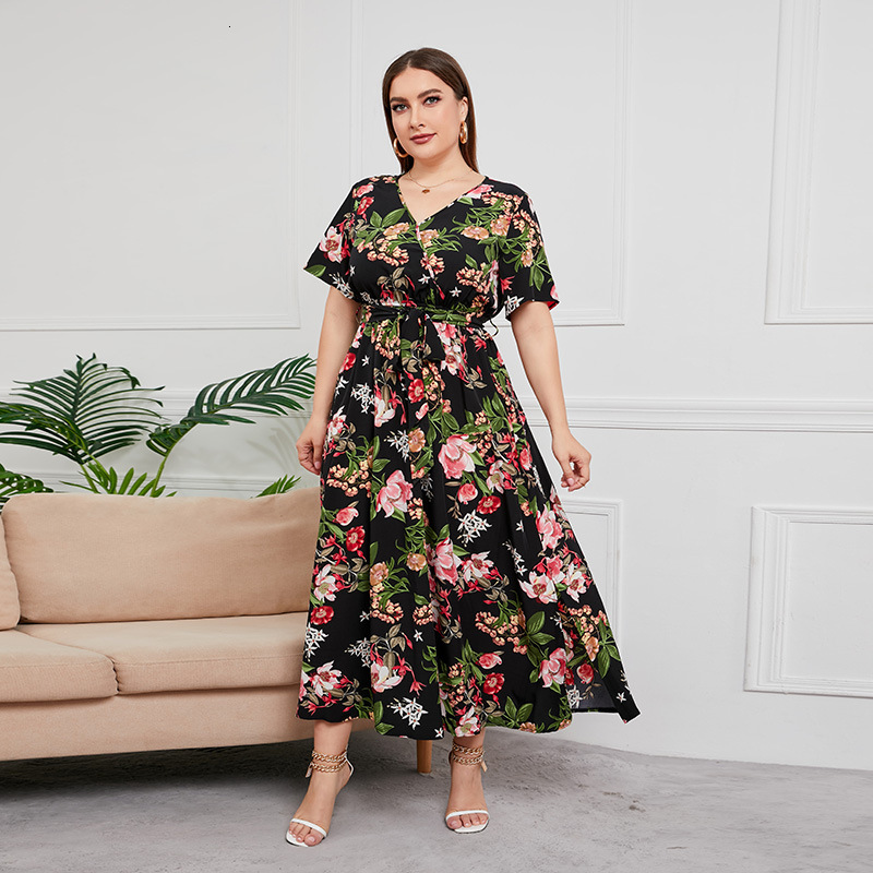 Hot-selling New High-waisted Designer Dress Stylish V-neck Midi Dress Plus Size Elegant Printed Black Sexy Stylish Dress