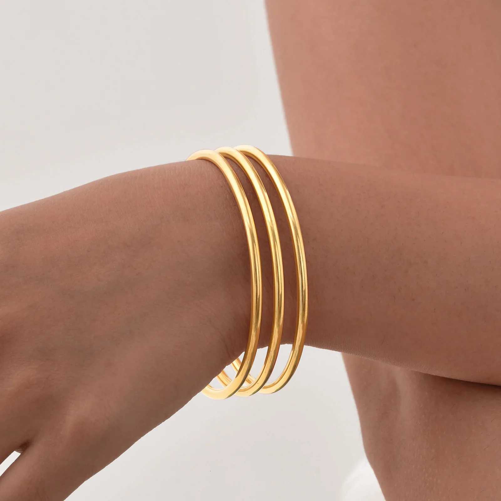 Women Gold Color Stainless Steel Cuff Chic Jewelry Wristband Plain Slip Bangle Stacking Gift to Young Girls H260323 - view 7