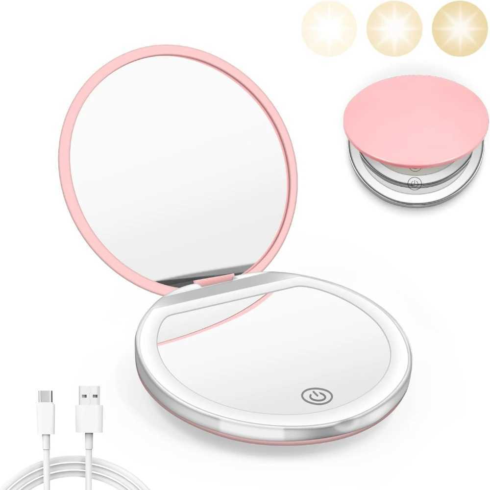 Compact Mirror with Light 1X/3X Magnification LED Pocket Mirror with USB Data Cable Pink Mini Mirror for Purse PocketTravel H260324