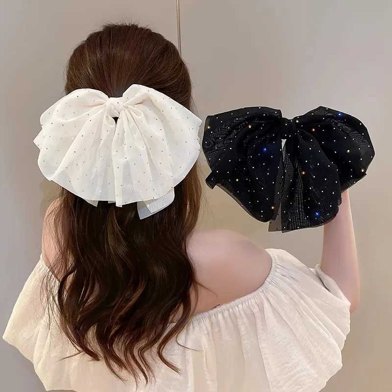 Elegant Temperament Mesh Hair Clip for Woman Rhinestone Large Bow Hairpin Fashion Girl Duckbill Clip H260324