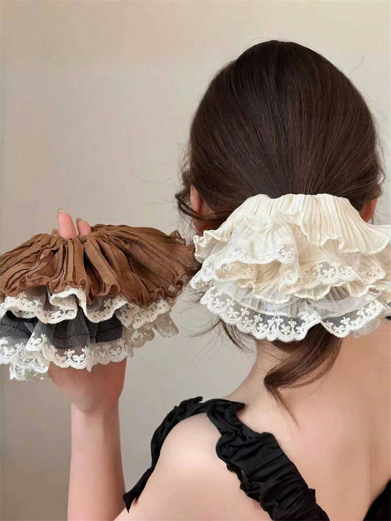1/3Pcs Women Elegant Solid Color Pleated Double-Layer Lace Ruffle 28cm Super Large Hair Scrunchie Bohemian Style For Ponytail H260324