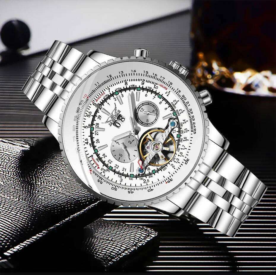 Jaragar Silver Stainless Steel Tourbillion Design Calendar Display Mens Watches Top Brand Luxury Automatic Mechanical Wristwatch