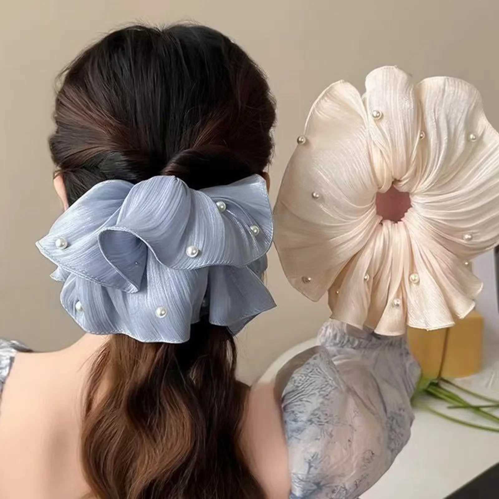 Sweety Romantic Gauze Hair Rope For Women Flowing Gauze Pearl Large Intestine Hair Ring Girls Fashion Elegant Hair Accessories H260324