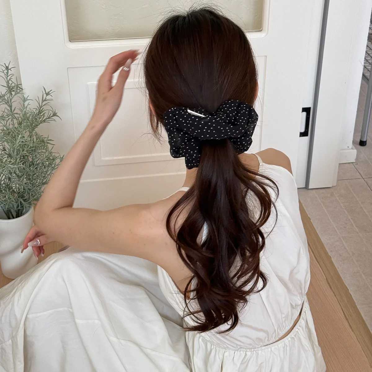 Womens New Scrunchies French Style Sweet Fashionable Hair Band Polka Dot Stripes Solid Color Buns Sweet Style Kawaii Hair Tie H260324