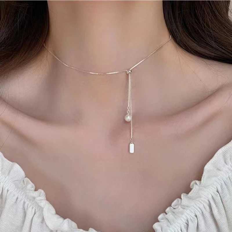 925 Sterling Silver Pearl Long Necklace Simple Charm Geometric Shape Pendant Choker Birthday Gift for Friends Exquisite Jewelry H260324 - view 6