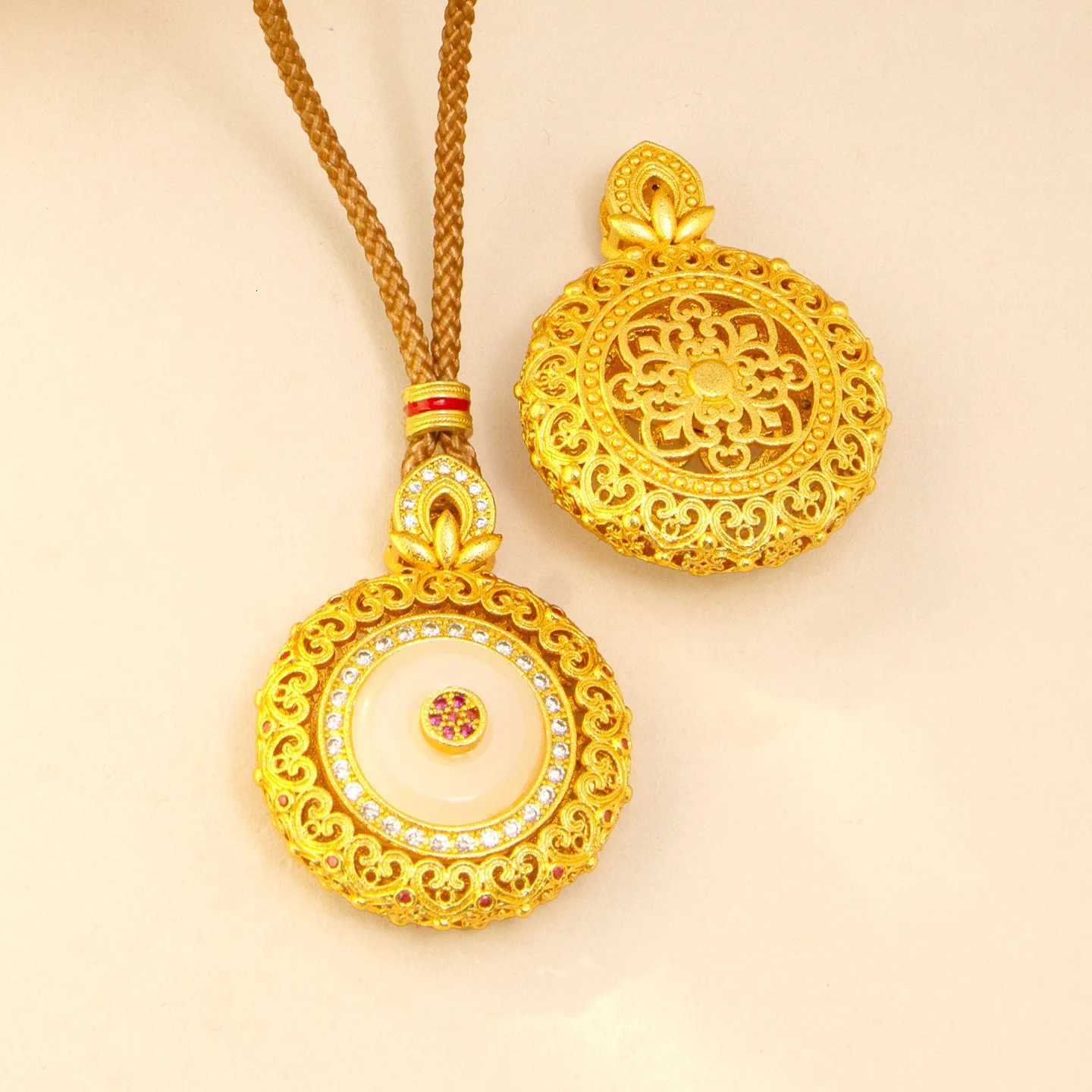 Gold store 9999 24K real gold inlaid white jade disc pendant female palace style fashionable hollow rotatable necklace H260324 - view 4