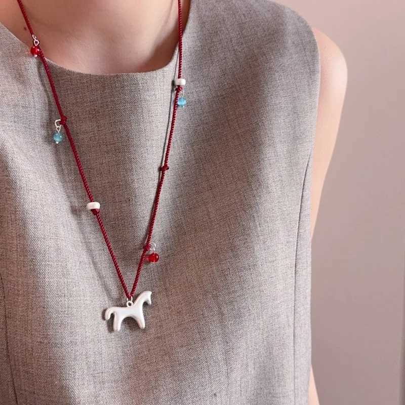 Minar Cute Smooth Surface Matte Color Cartoon Horse Multicolor Beads Pendant Necklaces for Women Adjusting Rope Sweater Chain H260324 - view 3