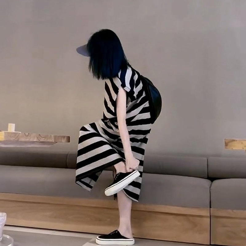 Striped Korean Style Round Neck Long Side Slit Designer Dress Striped Dress For Women Spring New Fashion Ins Trend