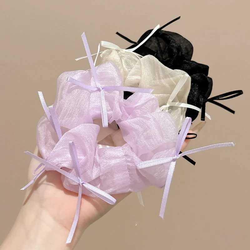 New Simple Bow Mesh Scrunchies Fairy Solid White Large Hair Ties Rope Women Rubber Hair Bands Kawaii Pink Purple Ponytail Holder H260324