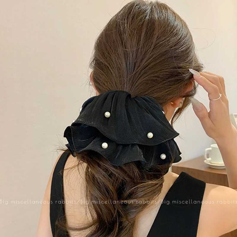 Elegant Pearls Smooth Ribbon Large Intestine Scrunchie For Women Girls Sweet Hair Ornament Hair Tie Hair Band Hair Accessories H260324