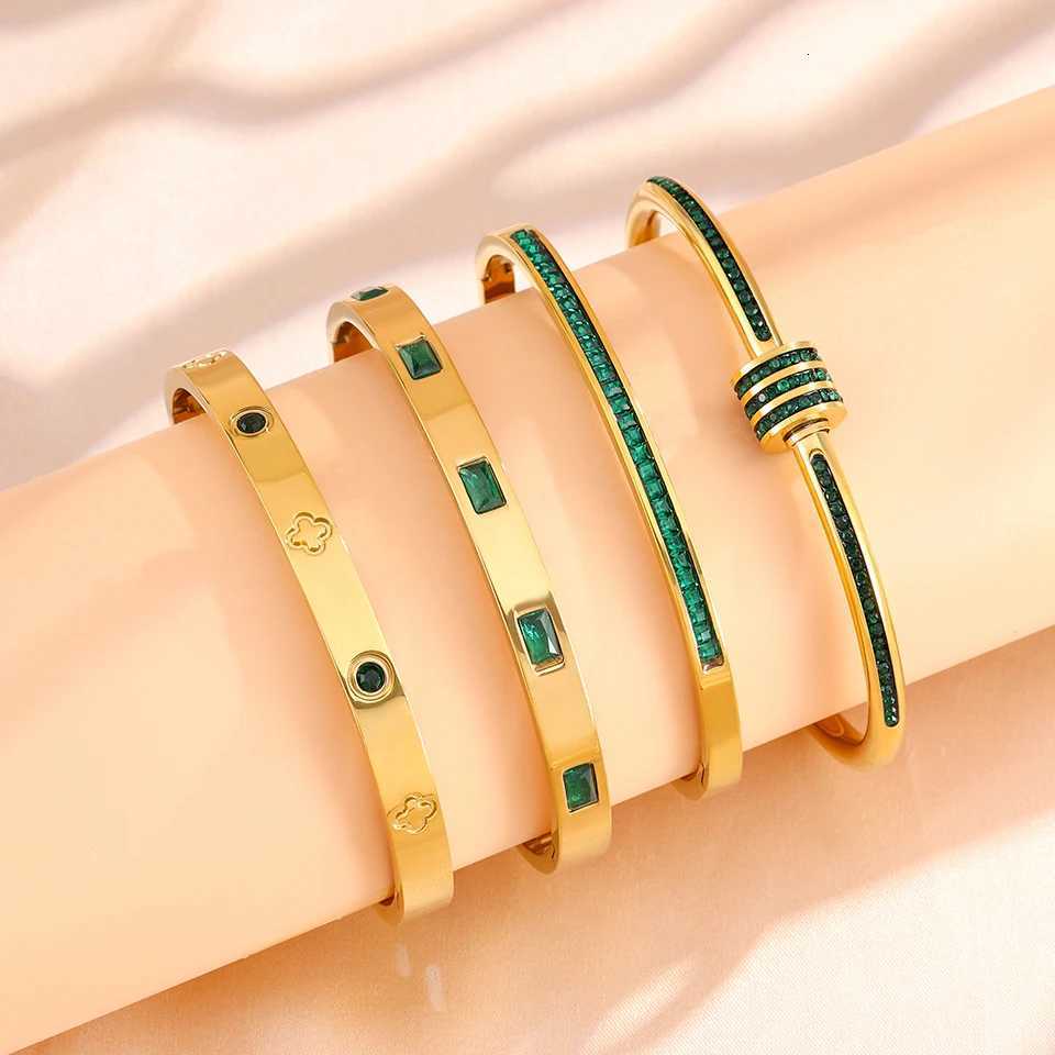 Yupsk 4/1Pcs Geometric Green Zircon Stainless Steel Stackable Bangle Set for Women Luxury Jewelry Gifts H260323 - view 6