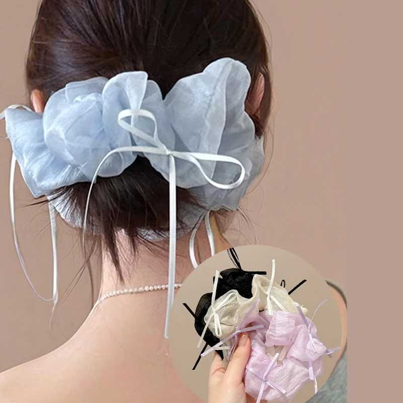 New Simple Bow Mesh Scrunchies Fairy Solid White Large Hair Ties Rope Women Rubber Hair Bands Kawaii Pink Purple Ponytail Holder H260324