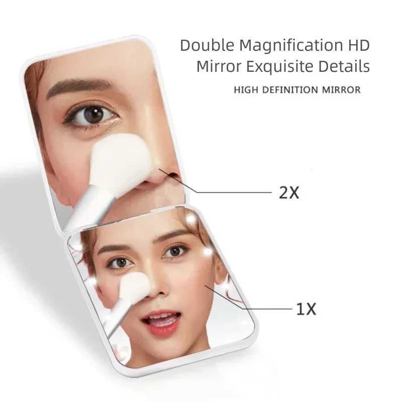 Compact Folding Mirror Portable Mini LED Makeup Mirror With 8 LED 2x Magnification Button Battery Powered H260324
