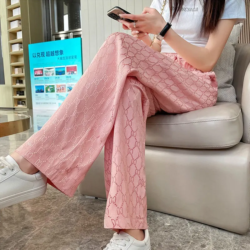 High end printed ice silk wide leg pants for women New summer thin high waist floor mopping straight leg pants