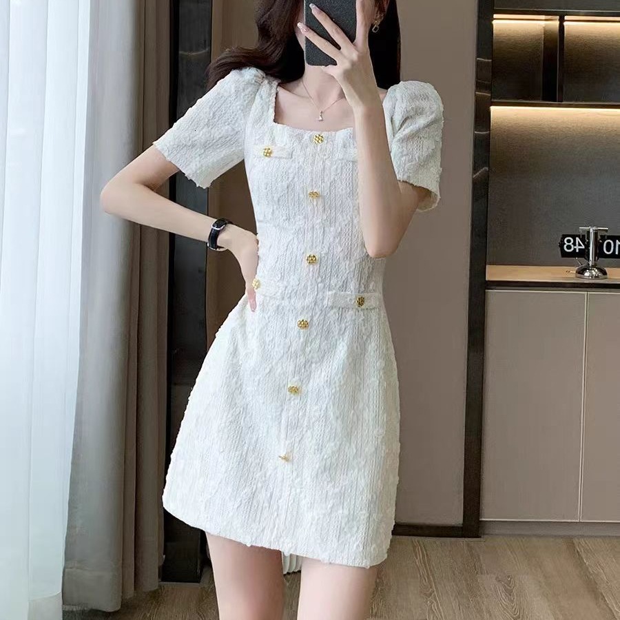 Elegant French-style White Dress For Women Designer Dress Summer High-end Gentle Fairy-like Waist-cinching Petite A-line Dress