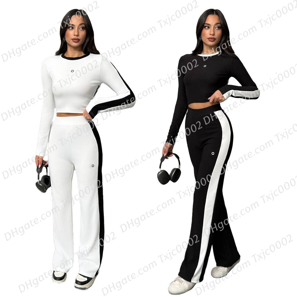 Women Tracksuits Two Pieces Set Designer New Spring Summer Fashion Long Sleeve Sexy Crop Top High Waist Loose Casual Straight Wide Leg Pants Set